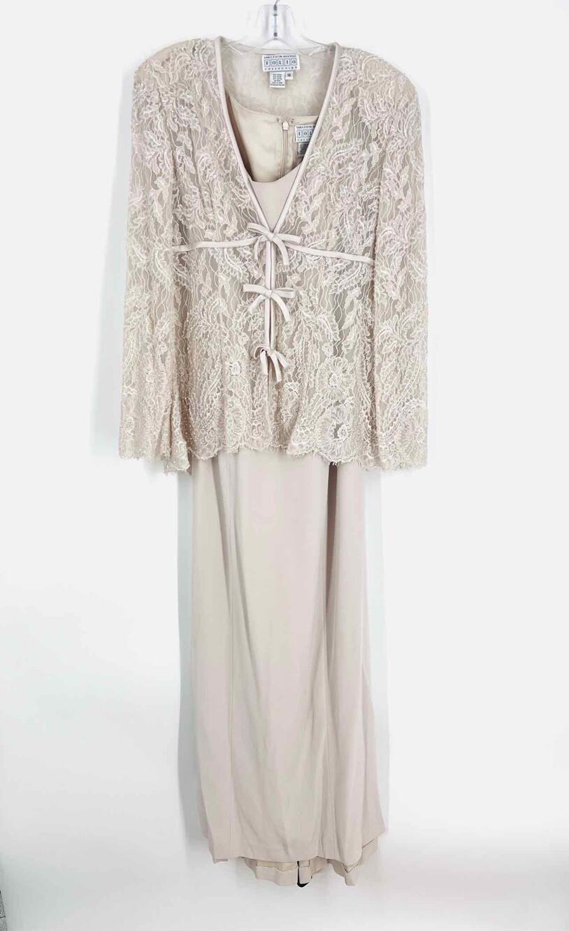 Saks Fifth Ave Size 12 Beige Beaded Lace Vintage Dress Set
